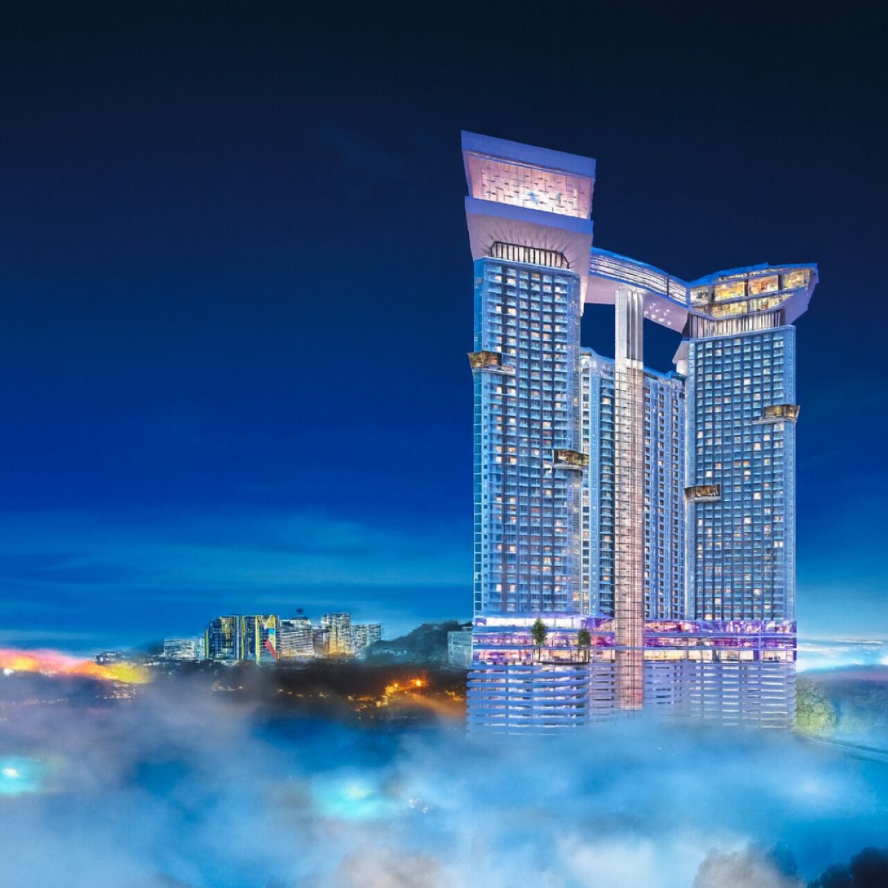 A high-rise building with a unique architectural design, featuring multiple levels and balconies.