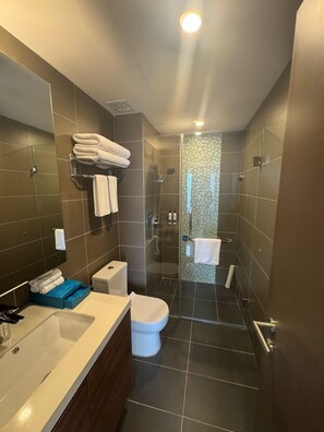 Classic Suite | Bathroom | Hair dryer, slippers, towels, soap