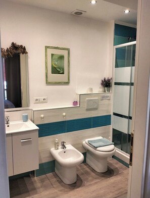 Hair dryer, towels, soap, toilet paper