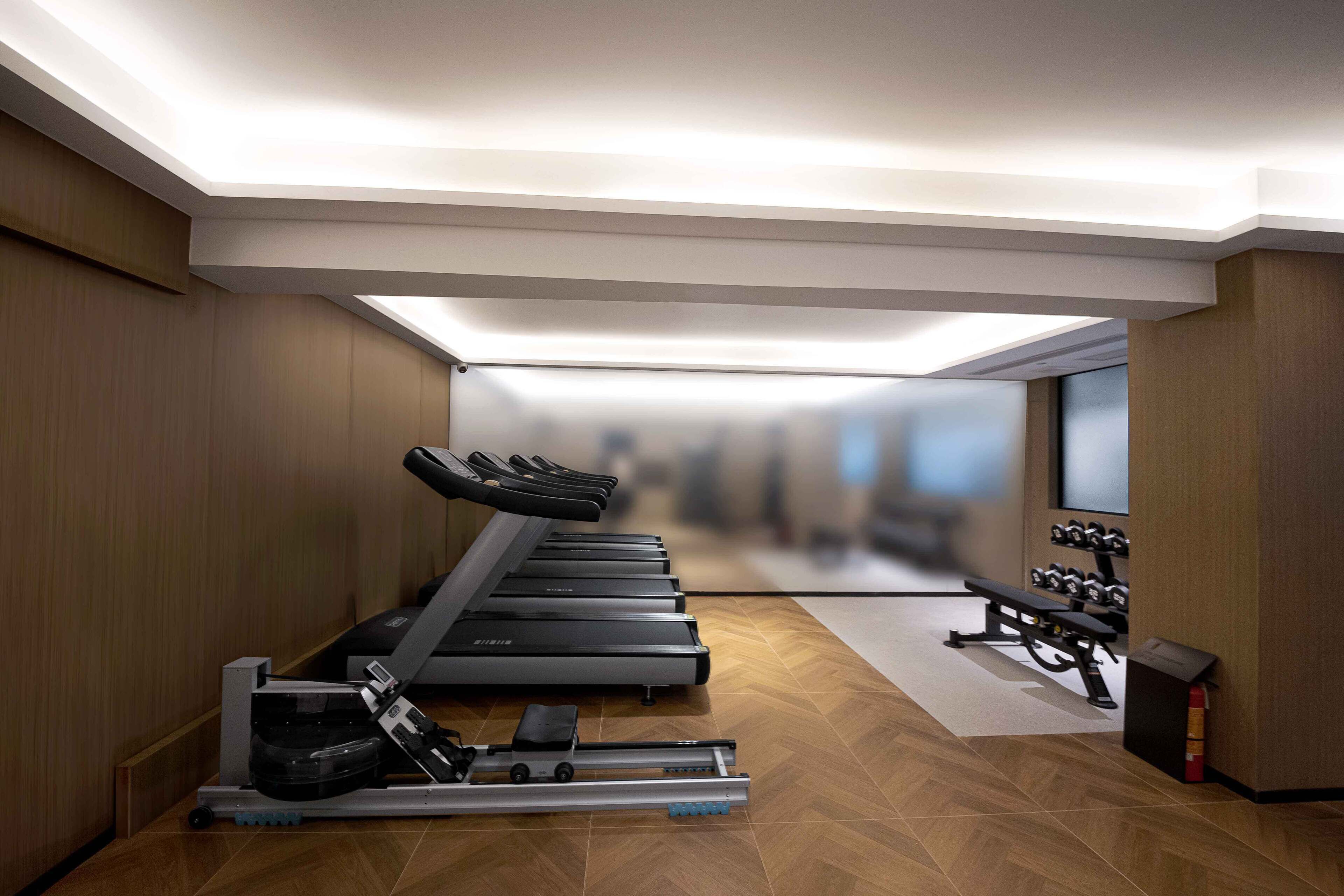 Un gimnasio moderno con cintas de correr, una máquina de remo y mancuernas.