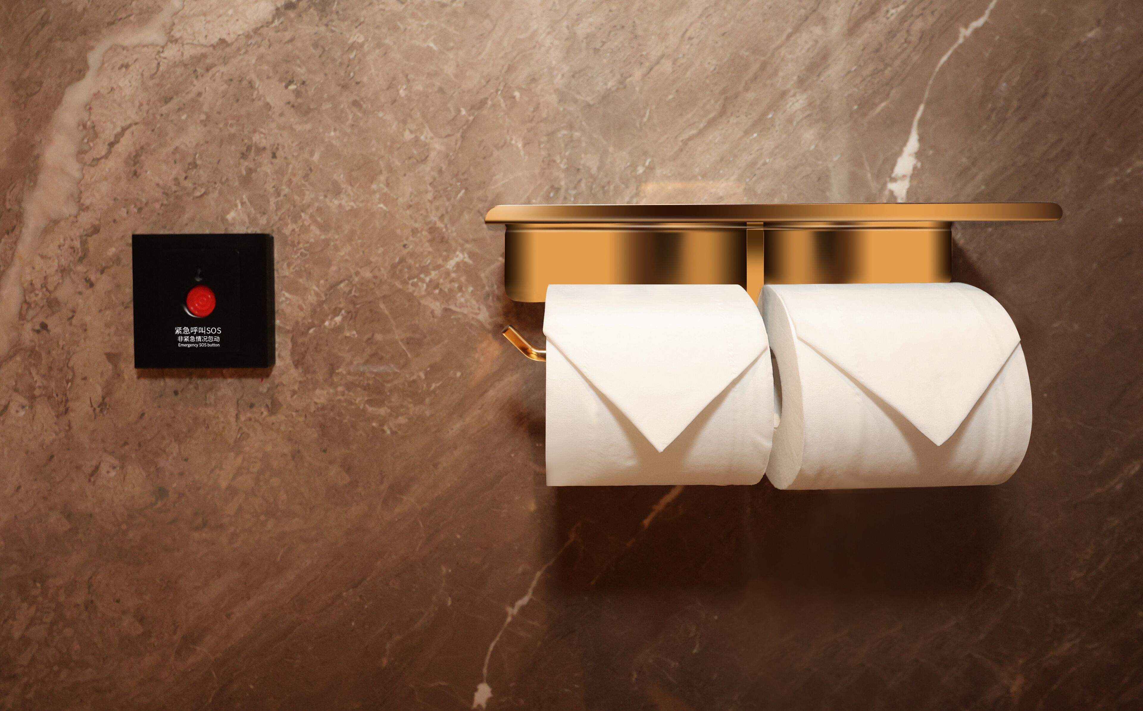A marble wall with a gold flush mount toilet paper holder and a black emergency SOS button.