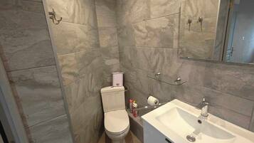 Een douche, een haardroger, zeep, toiletpapier