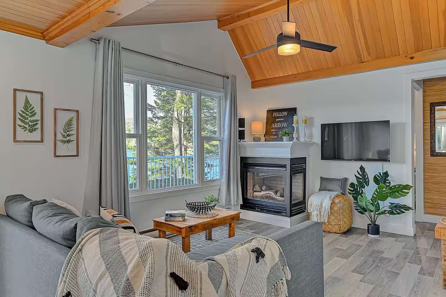 Télévision, cheminée, chaîne hi-fi