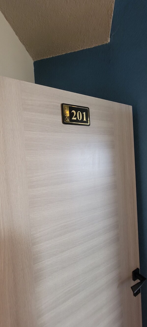 A wooden door with a brass plaque reading "201" and a black handle. - Seyr-i Gümüşhan Otel (Edremit)