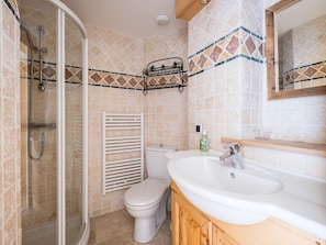 A bathroom with a glass shower enclosure, a toilet, a sink, and a mirror.