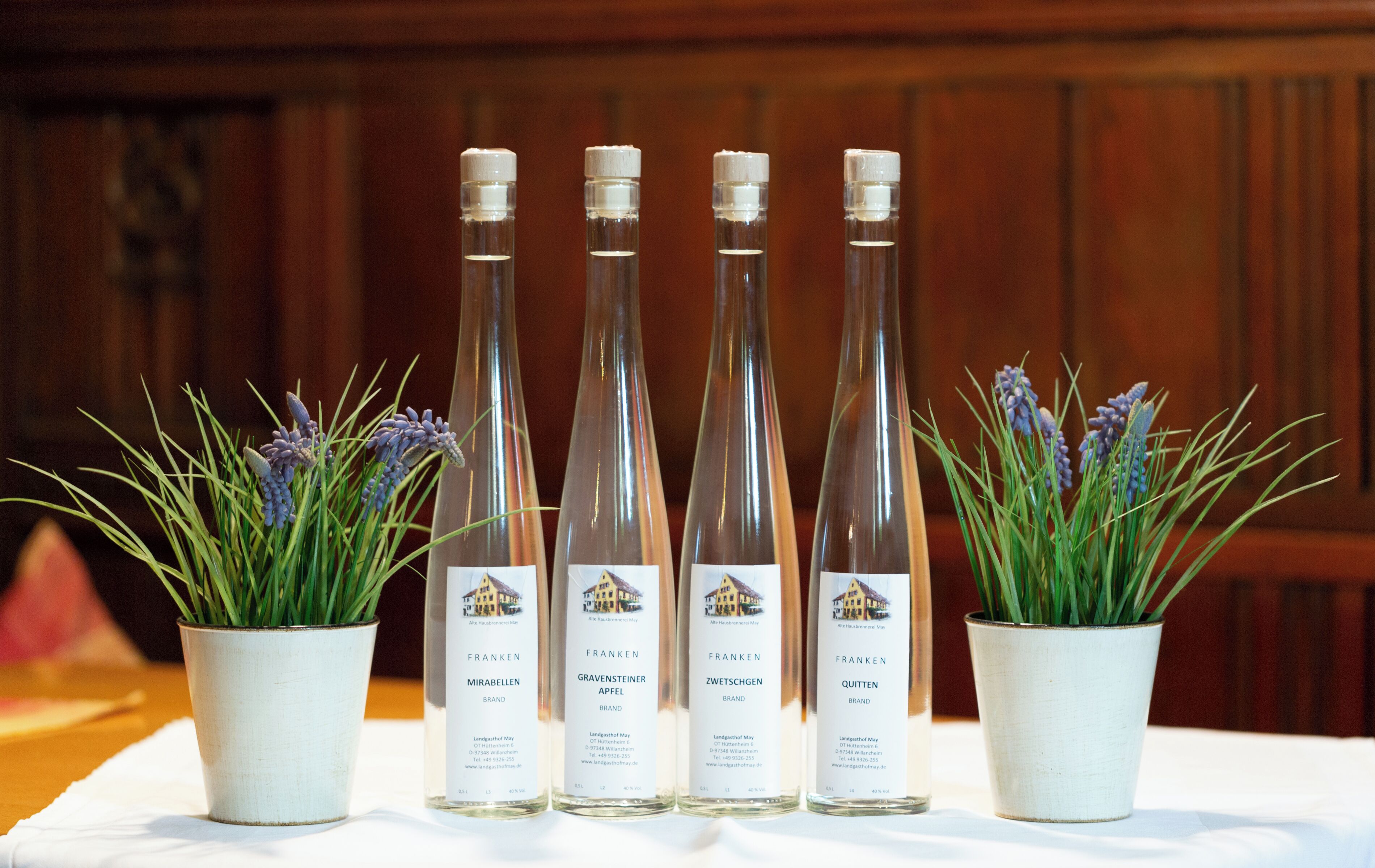 Four bottles of wine with labels, each in a white pot with green plants.