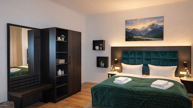 Une chambre d’hôtel avec un grand lit, une armoire, un miroir, une table de chevet et un tableau représentant des montagnes.