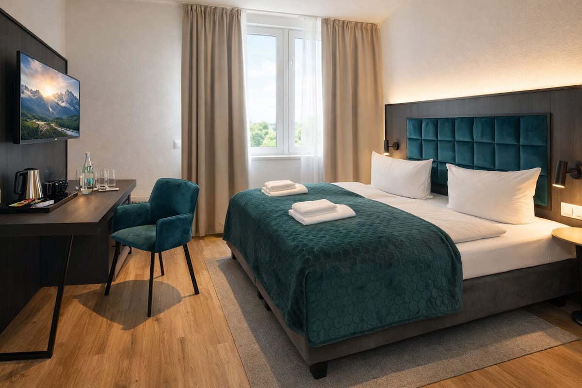 Een hotelkamer met een bed, een bureau met stoel, een televisie en een raam met gordijnen.