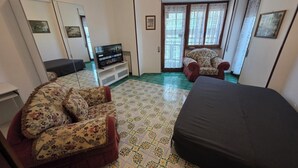 A compact living room with a sofa, a bed, a TV, and a chair. - Stephen's Tourist Accommodation (Lido di Ostia)