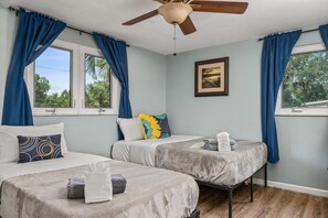 4 bedrooms, iron/ironing board, travel cot, WiFi