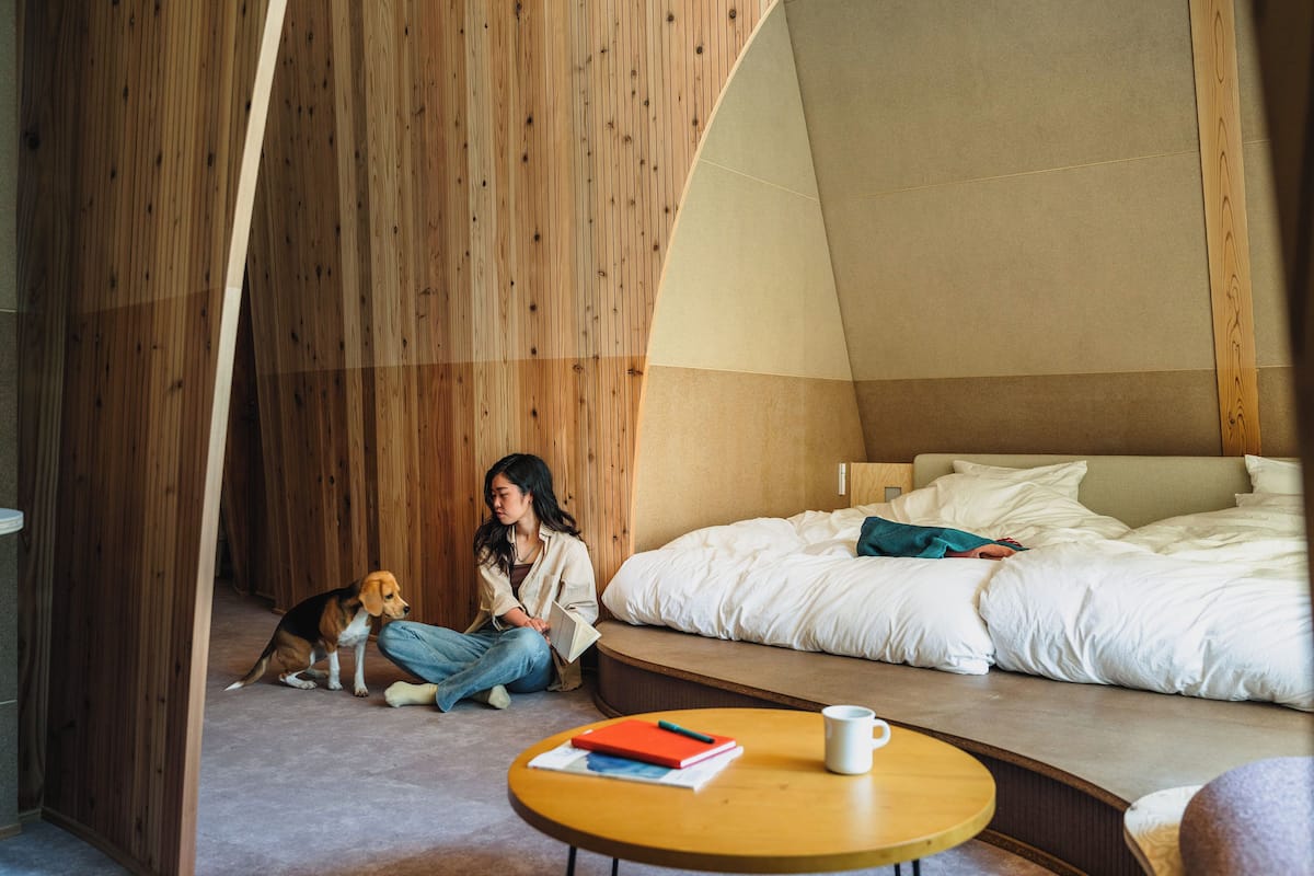 Una habitación con techo de madera inclinado, una cama con ropa blanca, una mesa redonda de madera con un libro y una taza, y un perro sentado en el suelo.