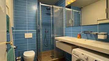 Hair dryer, towels, soap, toilet paper