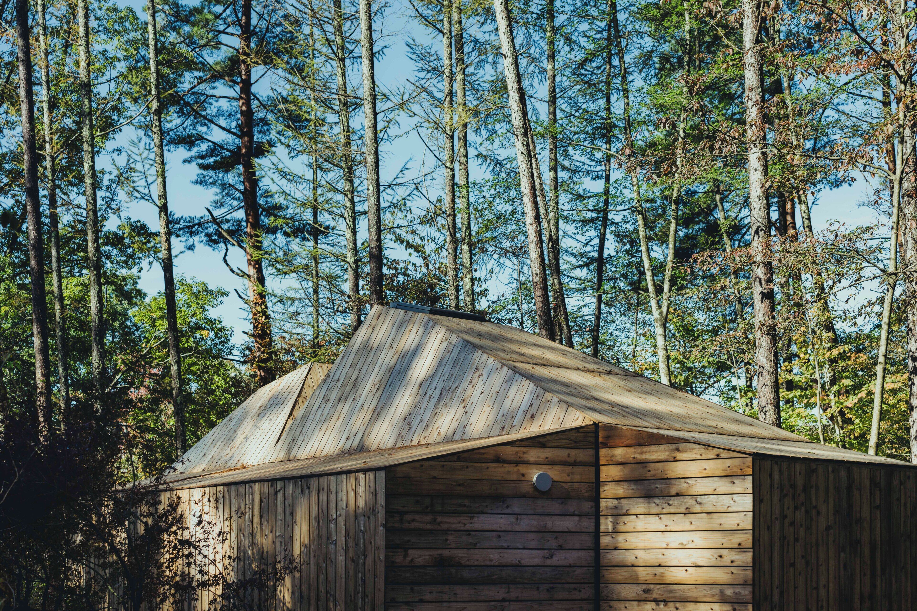 A wooden cabin with a sloped roof, surrounded by tall trees.