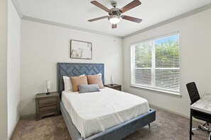 1 bedroom, desk, iron/ironing board, travel cot