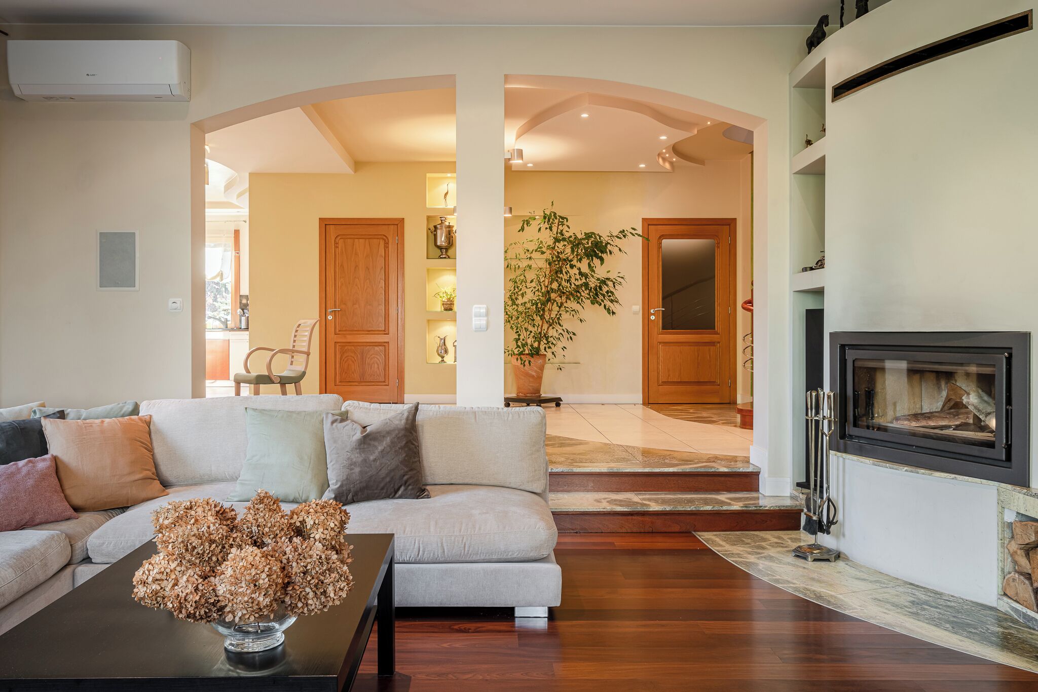 Télévision, cheminée, lecteur de DVD, chaîne hi-fi