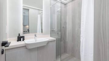 Shower, hair dryer, towels