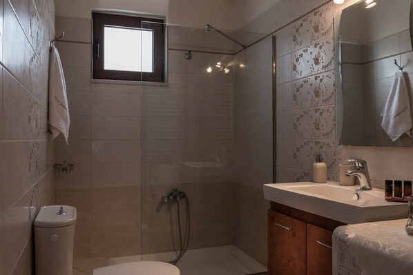 A modern bathroom with a shower, toilet, and sink.