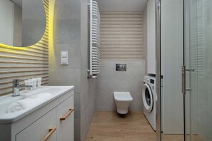 Shower, hair dryer, towels, shampoo