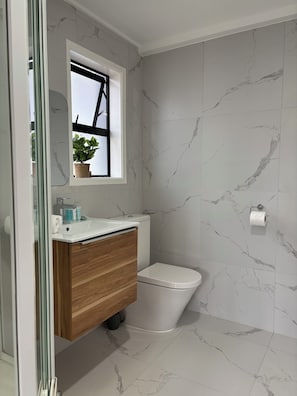 Shower, hair dryer, towels, soap