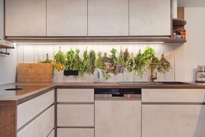 Fridge, microwave, oven, stovetop