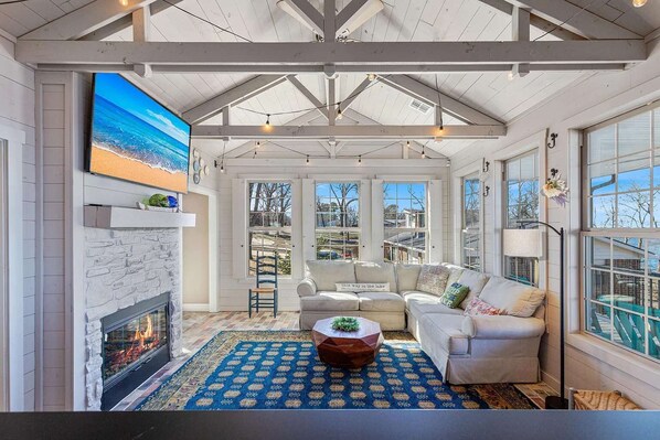 TV, fireplace, DVD player, books