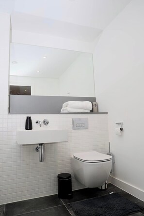 A modern bathroom with a white sink, a mirror, a toilet, and a black trash bin.