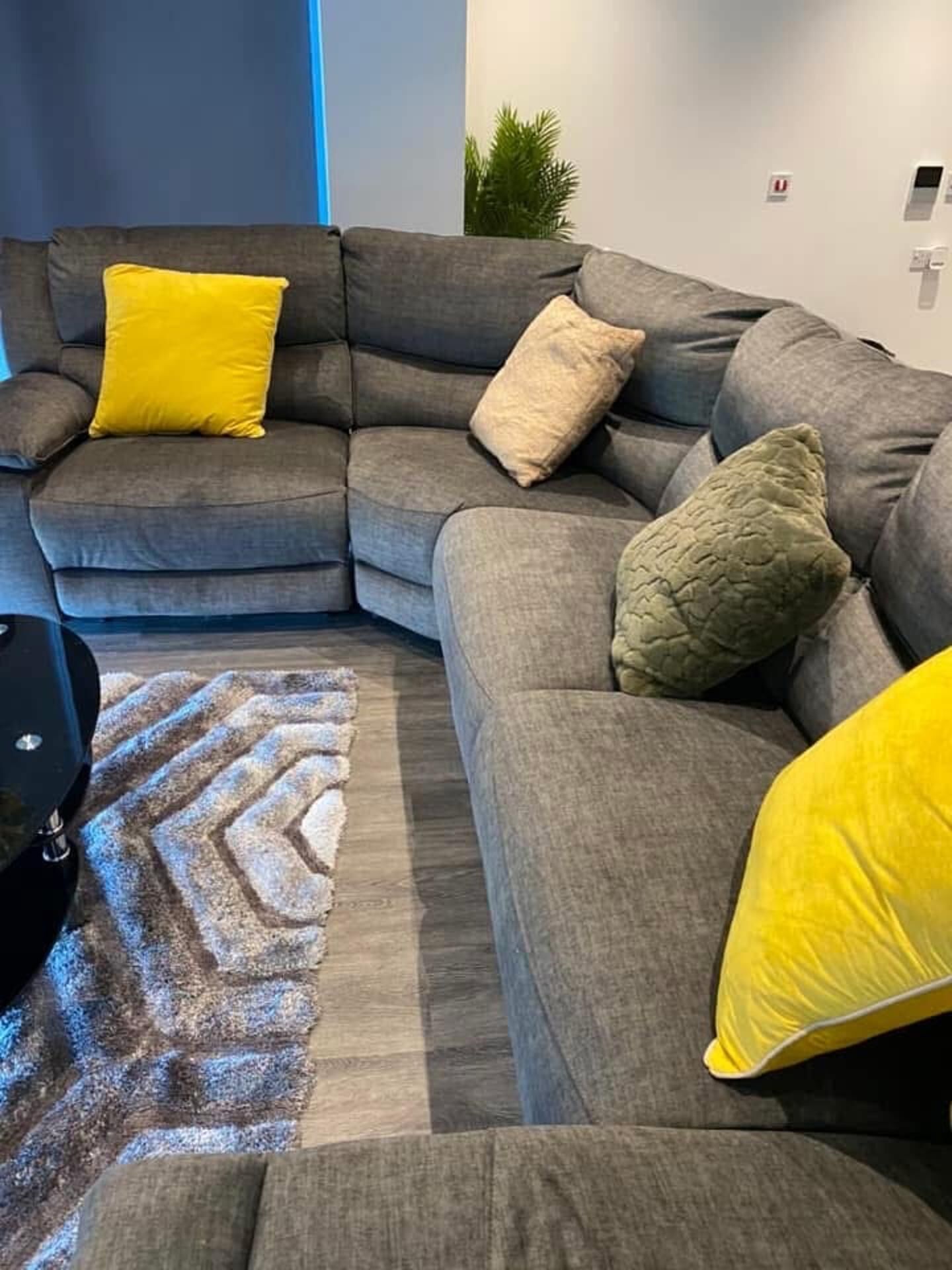 A sectional sofa with multiple cushions in a neutral color scheme, a patterned rug, and a small potted plant in the background.