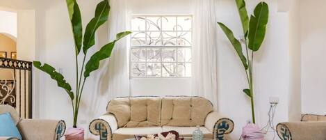 A living room with a beige sofa, two armchairs, a glass coffee table, and large green plants.
