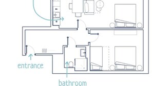 Pianta degli ambienti con cucina, ingresso e bagno.