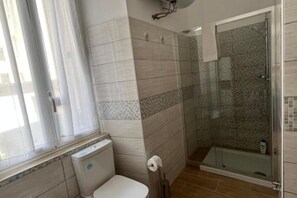 Shower, hair dryer, bidet, towels