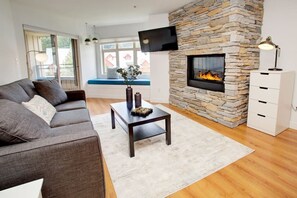 TV connectée, cheminée, livres