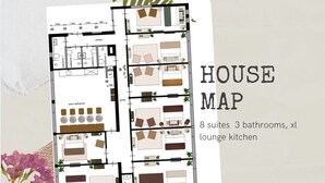 Plano de una casa con 8 suites, 3 baños, un amplio salón y una cocina.