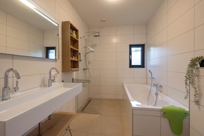 Hair dryer, towels, soap, toilet paper