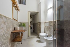 Shower, hair dryer, bidet, towels