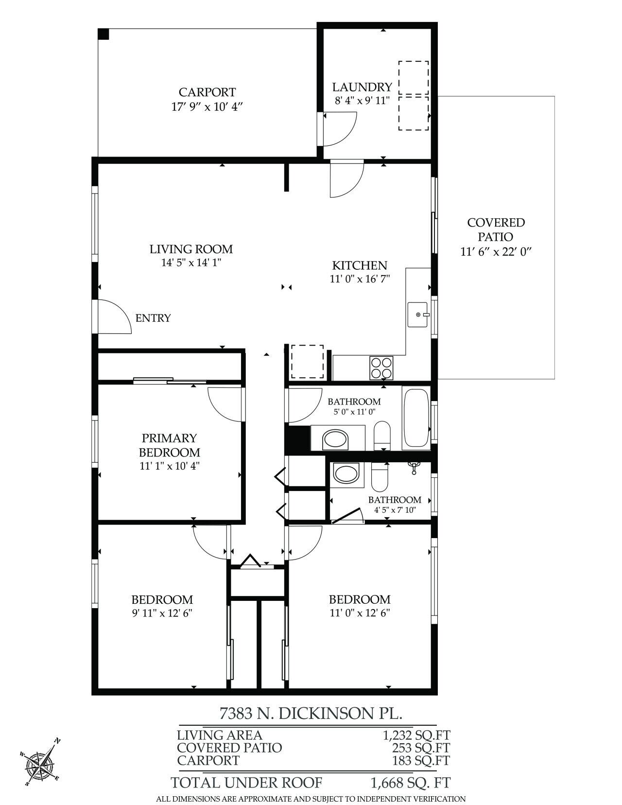 Plano de planta de una casa en 7383 N. Dickinson Pl., con un área habitable de 115 metros cuadrados, un patio cubierto de 23 metros cuadrados y un porche techado de 17 metros cuadrados.