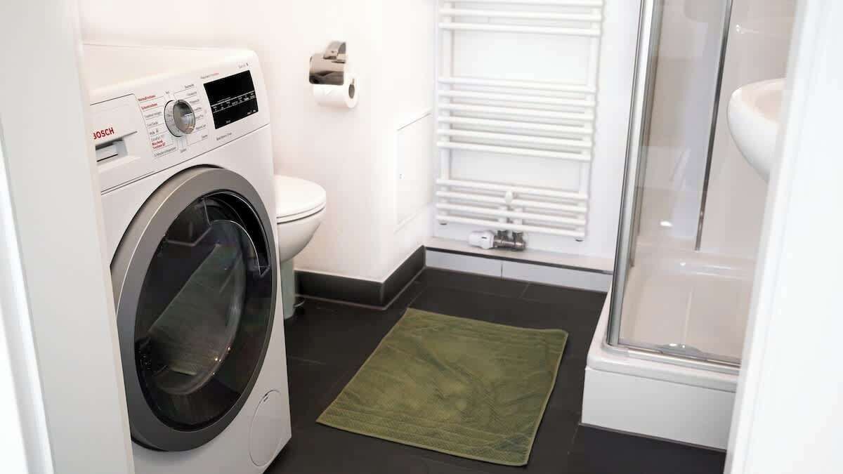 Une salle de bain compacte équipée d’un lave-linge Bosch, de toilettes et d’une cabine de douche en verre.