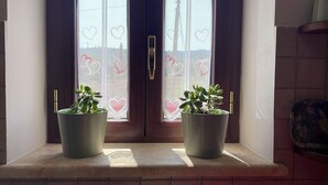 A door with heart-shaped decorations and two potted plants on a ledge. - At Ale's House every detail is thought of for you! (Isola del Liri)