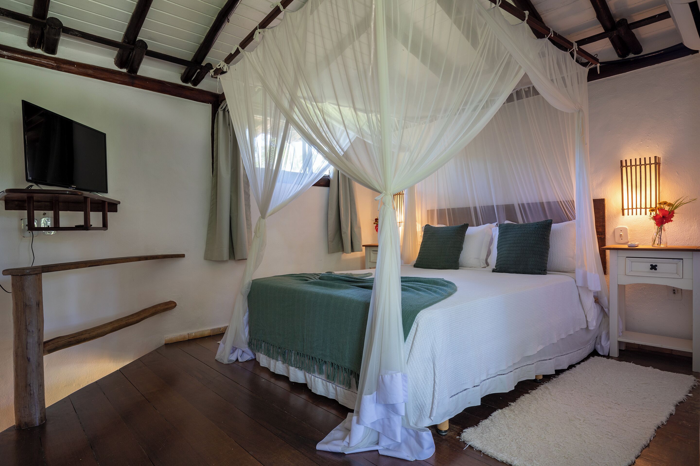 A bedroom with a canopy bed, a television on a wooden stand, a bedside table with a lamp, and a white rug.