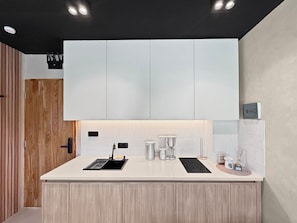Fridge, stovetop, toaster, cookware/dishes/utensils