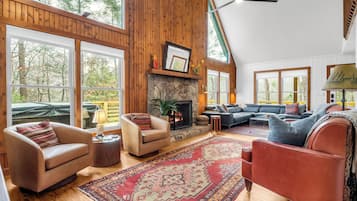 TV connectée, cheminée, livres