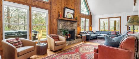 TV connectée, cheminée, livres