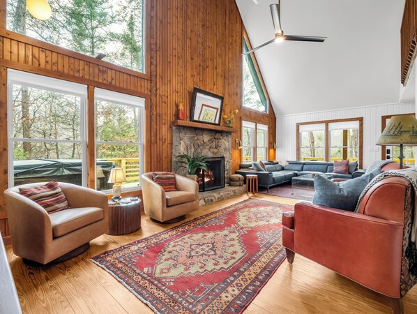 TV connectée, cheminée, livres