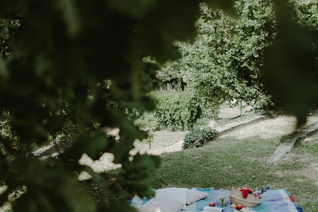 A picnic setup with a blanket, pillows, and a basket in a grassy outdoor area with trees.