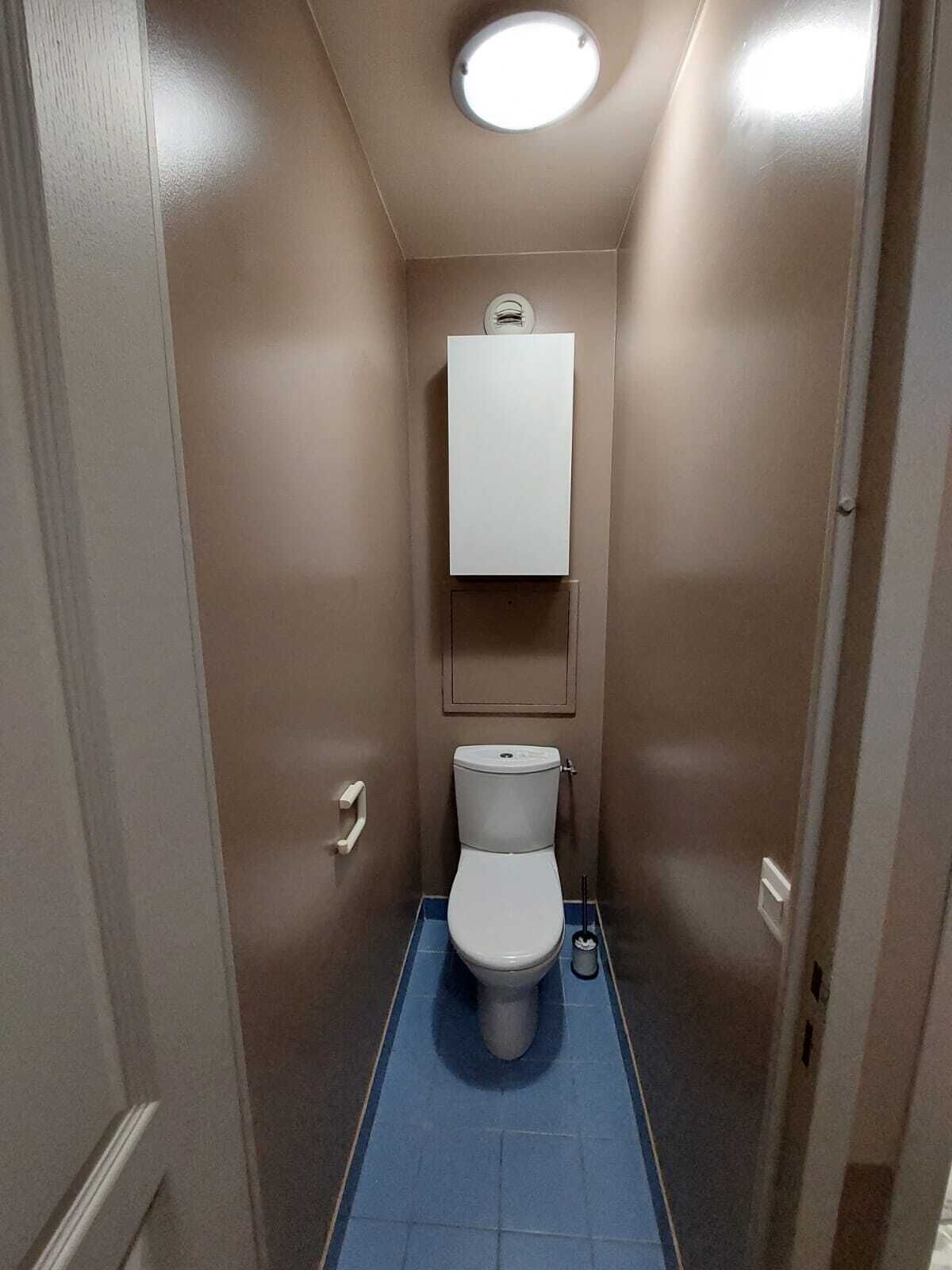 Un baño estrecho con inodoro, lavamanos y espejo.