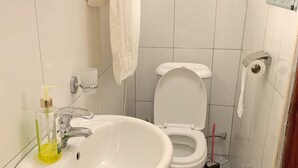 Une salle de bain avec un lavabo, des toilettes et une douche, le tout de couleur blanche.
