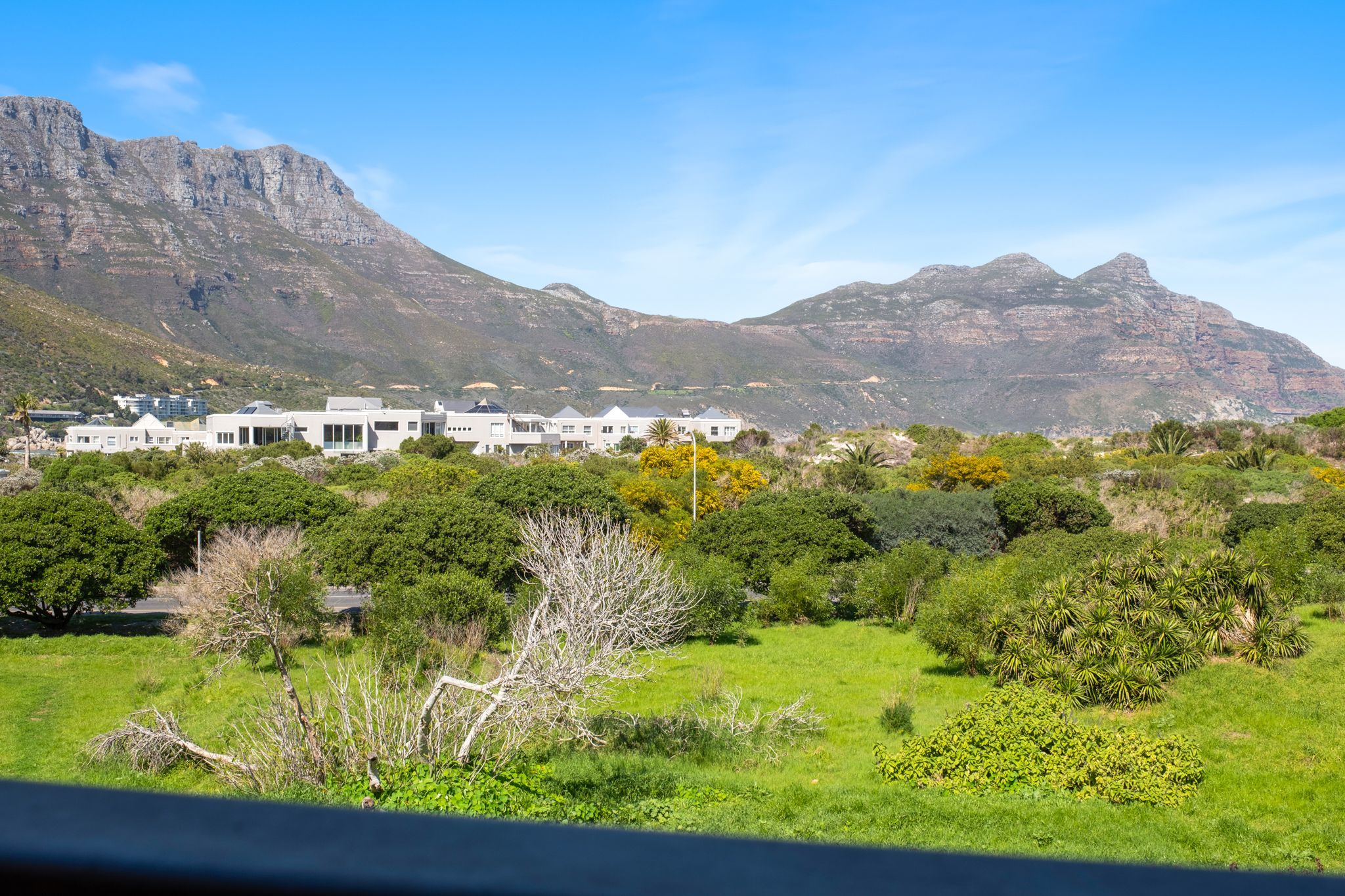 Zona residencial con una hilera de casas modernas, una cadena montañosa al fondo y vegetación exuberante en primer plano.