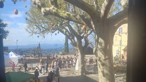 Un espace extérieur bordé d’arbres, aménagé pour accueillir un marché.