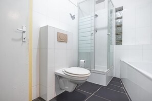 Shower, hair dryer, soap, shampoo