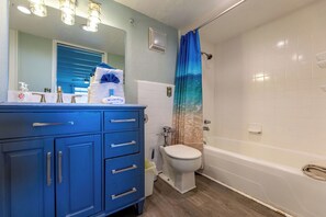 Hair dryer, towels, soap, shampoo