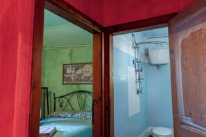 Une chambre avec un lit, une salle de bain avec une douche et des toilettes.